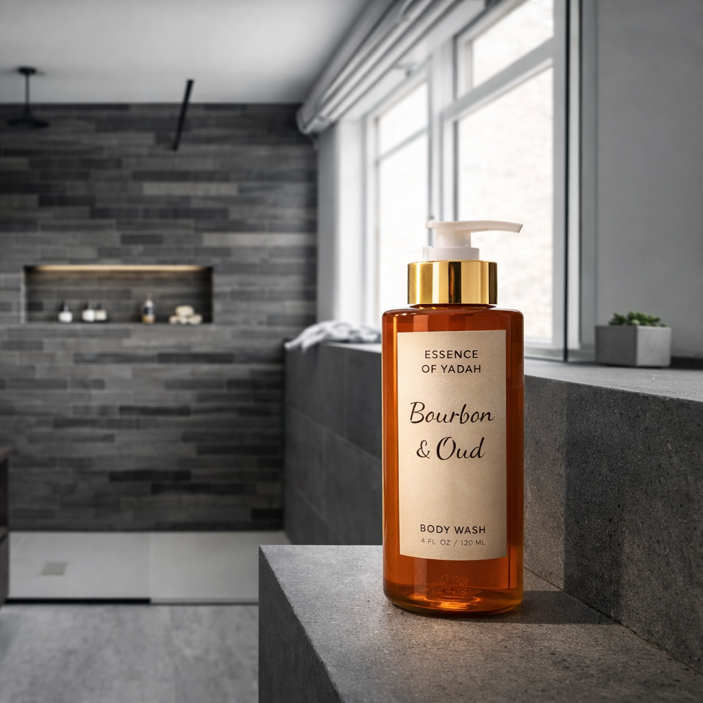 Bourbon & Oud lifestyle image on shower shelf Essence of Yadah