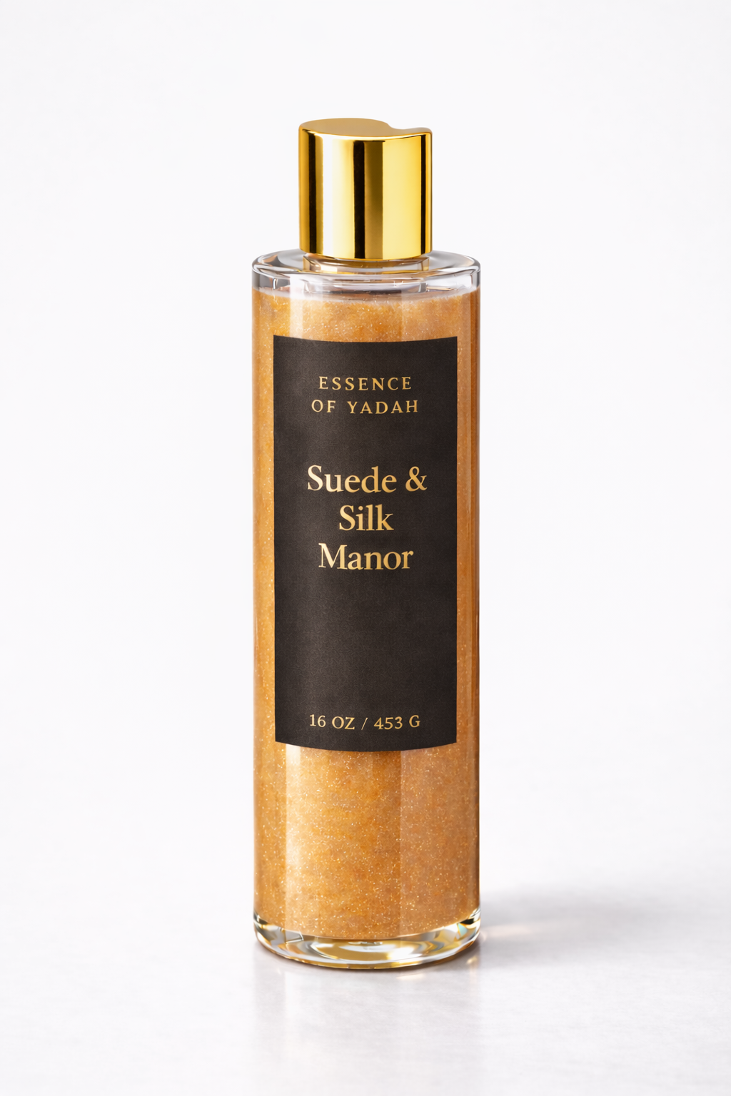 Suede and Silk Body wash product image with black label white studio background Essence of Yadah