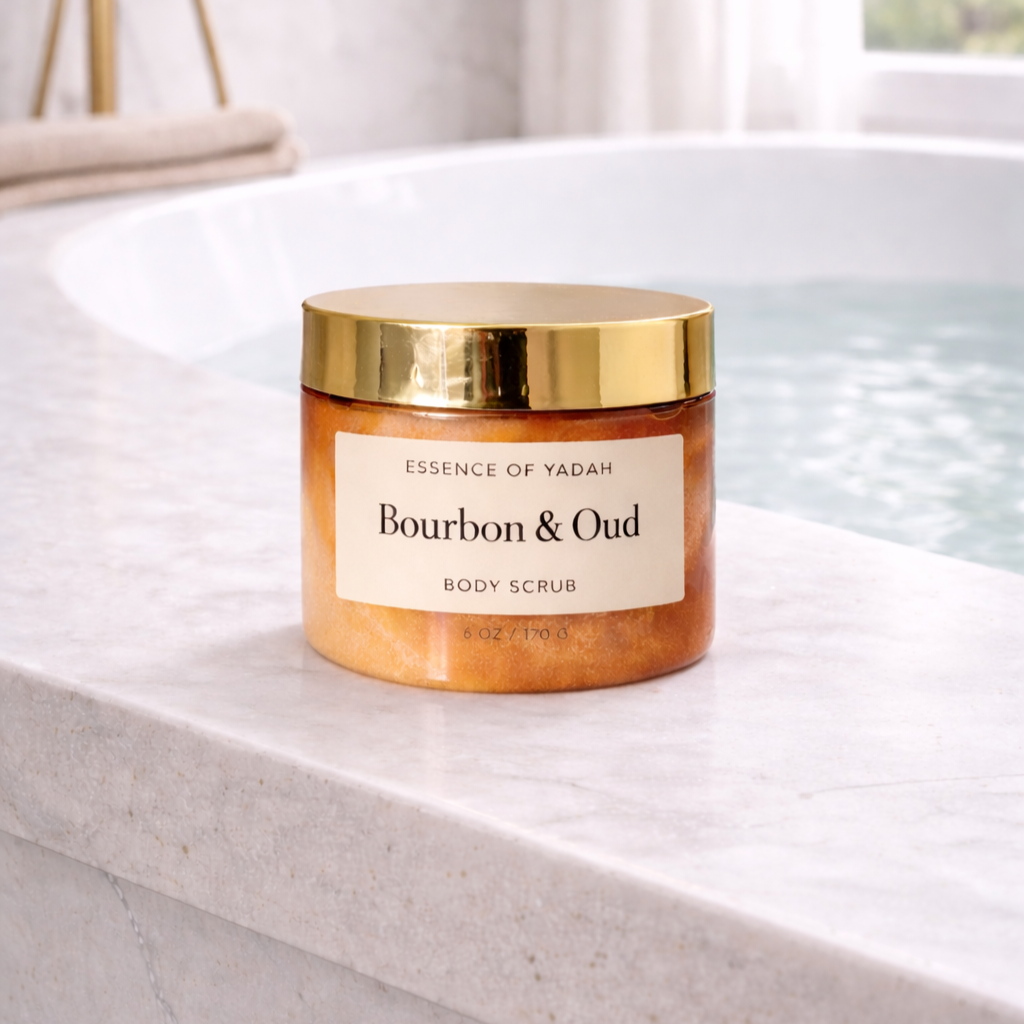 Essence of Yadah Bourbon & Oud Scrub Lifestyle photo white marble background