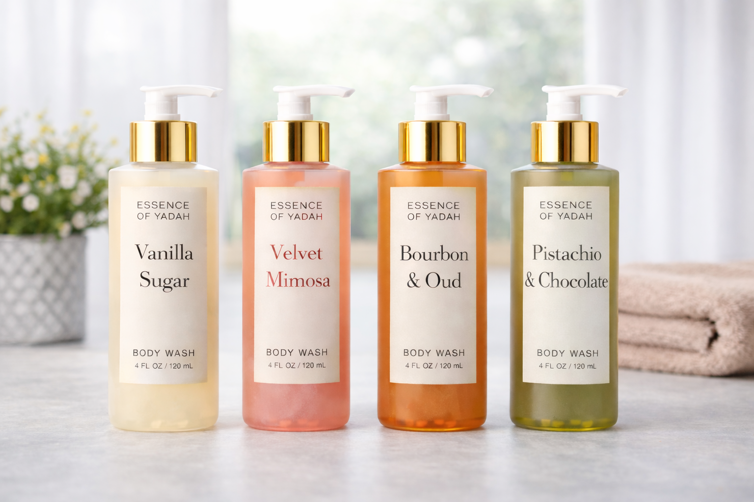 Luxury body wash with frosted pump bottle and gold cap Essence of Yadah