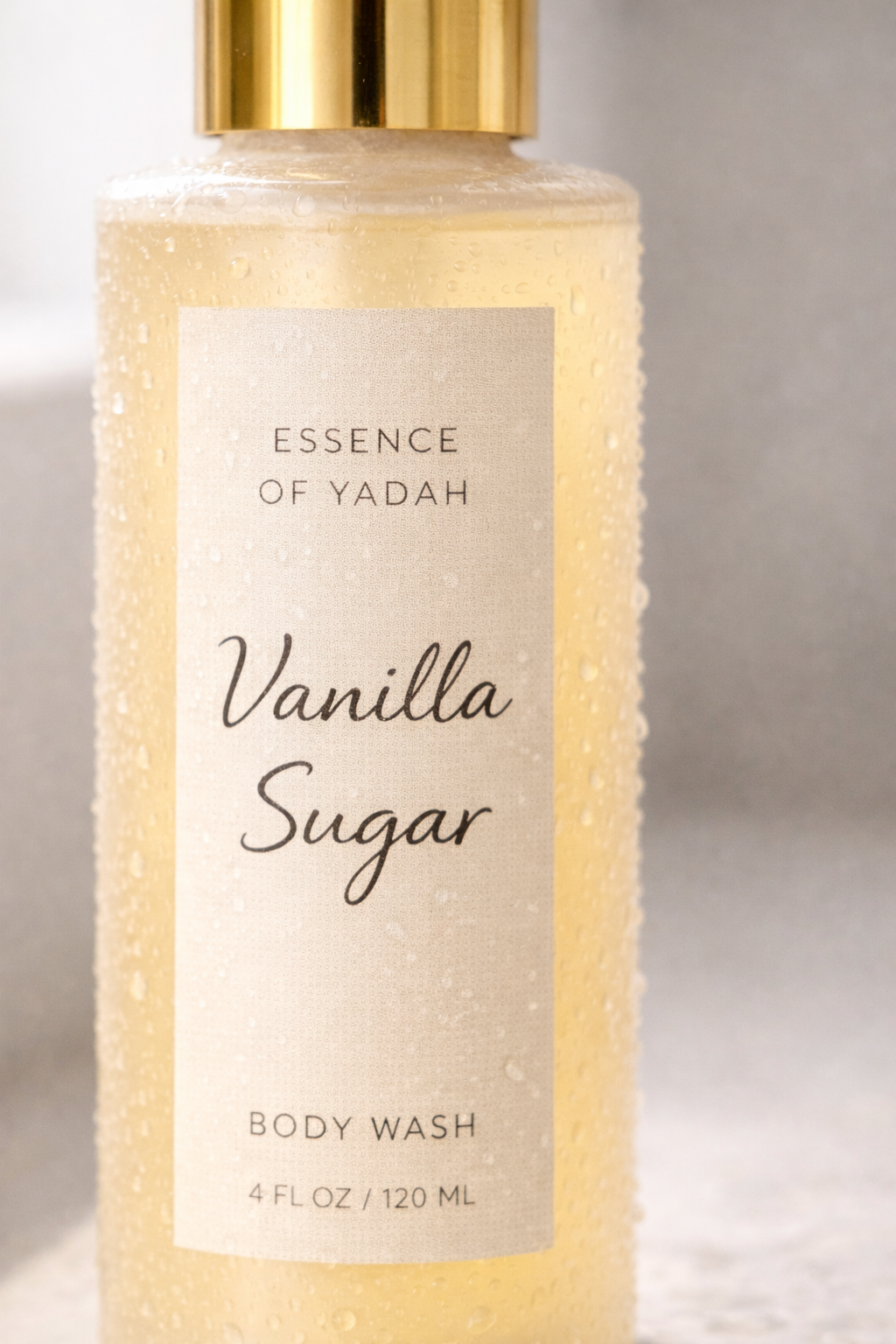 Vanilla Sugar body wash close up water droplets Essence of Yadah