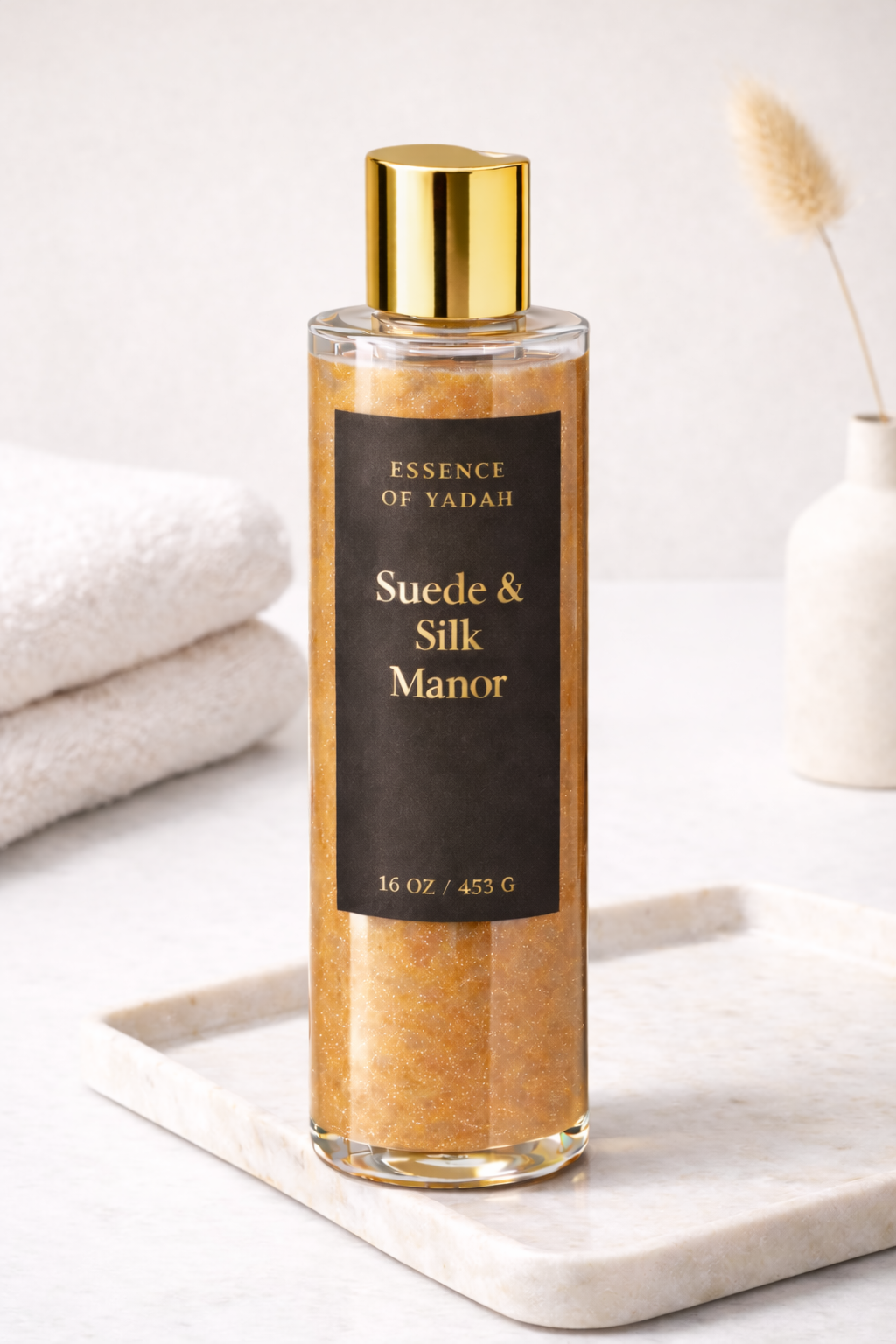 Suede & Silk Body Wash product photo minimalist lifestyle with dried floral marble tile Essence of Yadah