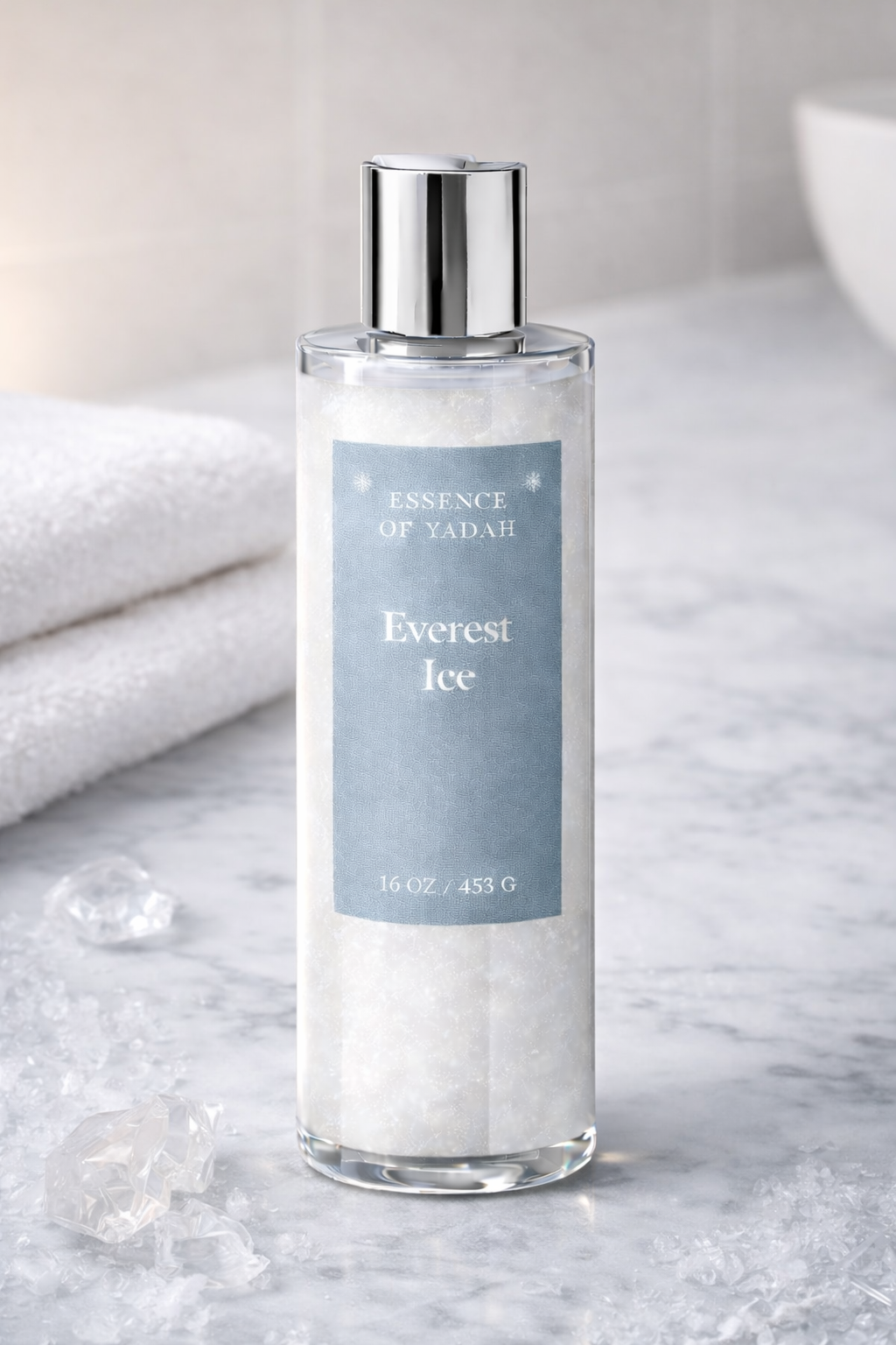 Everest Ice photo on vanity with folded towels white marble Platinum Essence of Yadah
