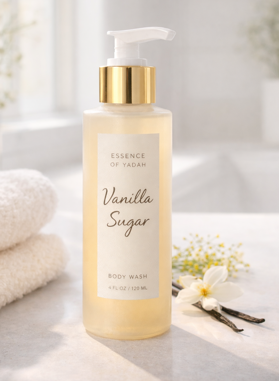 Vanilla Sugar body wash on shower shelf lifestyle photo Essence of Yadah