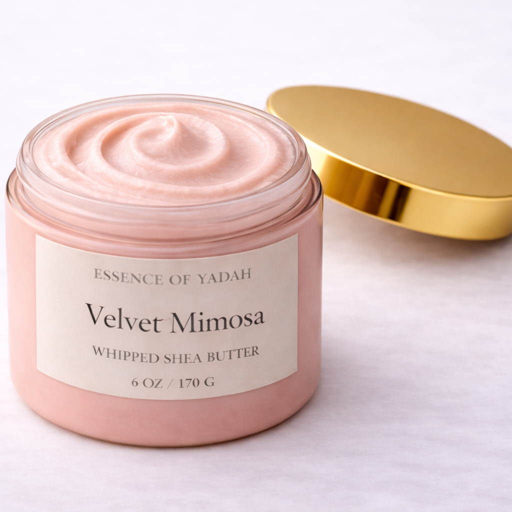 Body butter open jar texture view with gold lid Essence of Yadah