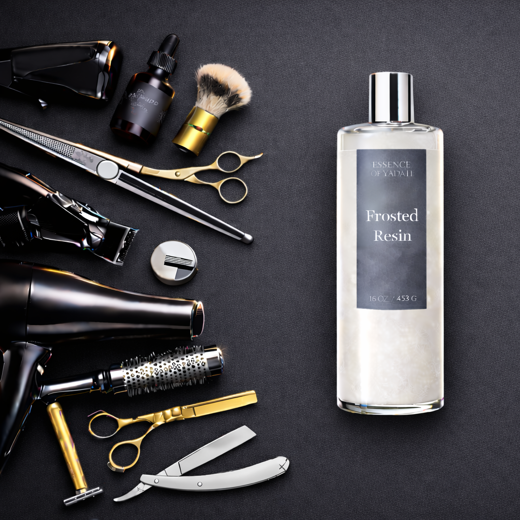 Frosted Resin product flat lay with tools spaced on left with product centered Platinum Essence of Yadah