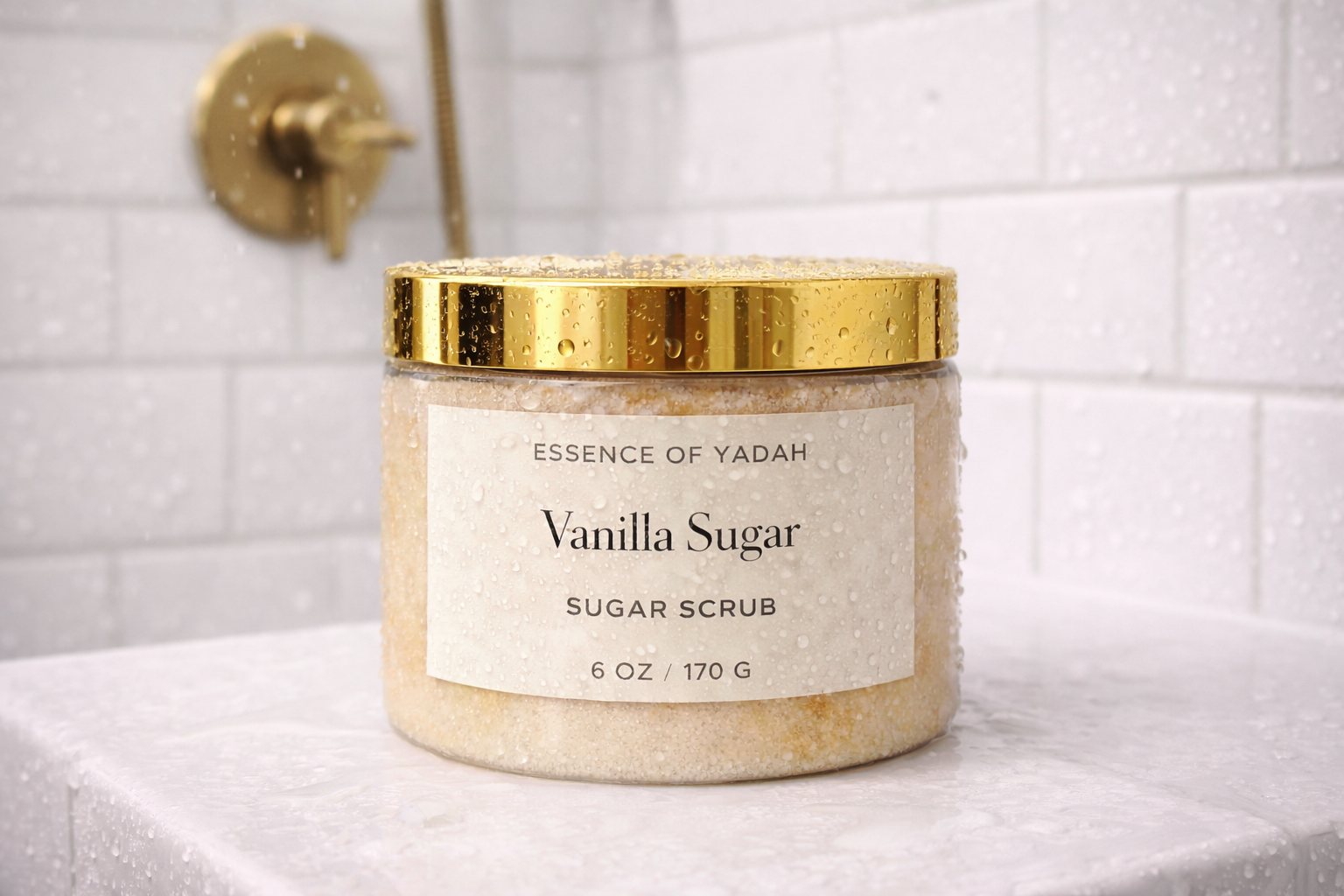 Exfoliating Vanilla Sugar scrub in jar on white marble background Essence of Yadah