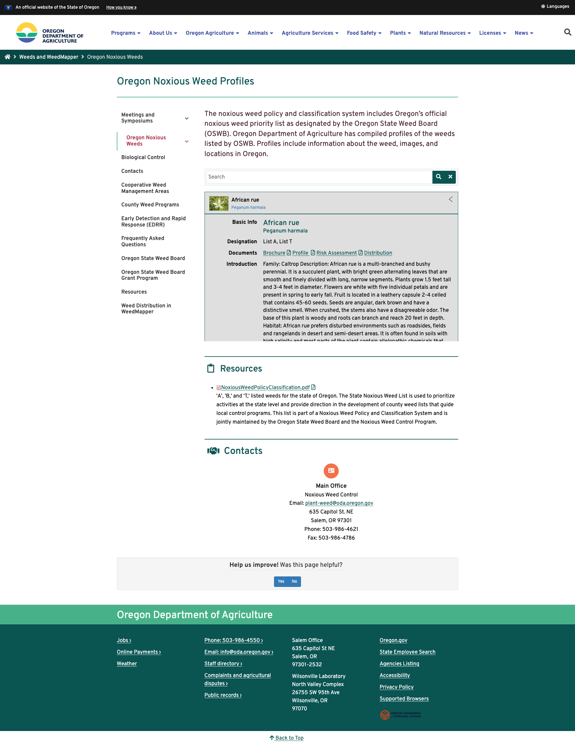 Screenshot of the Oregon Noxious Weed Profiles Page