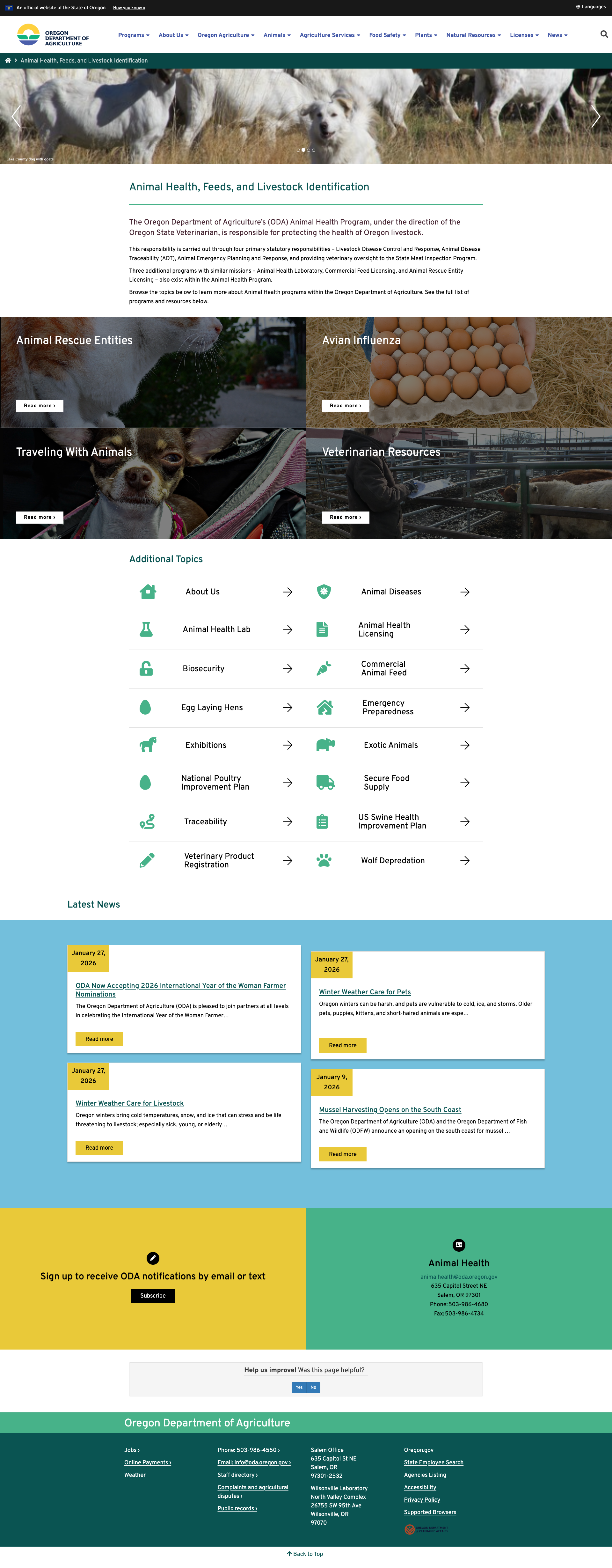 Screenshot of the Animal Health, Feeds, and Livestock Identification Page