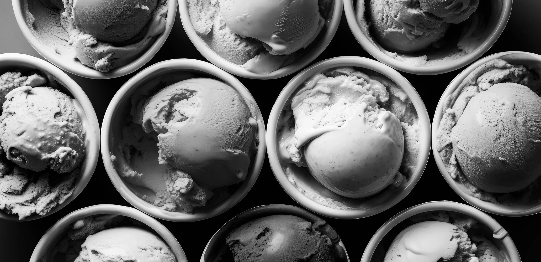 Multiple cups of ice cream with various textures and flavors, viewed from above, black and white photo.