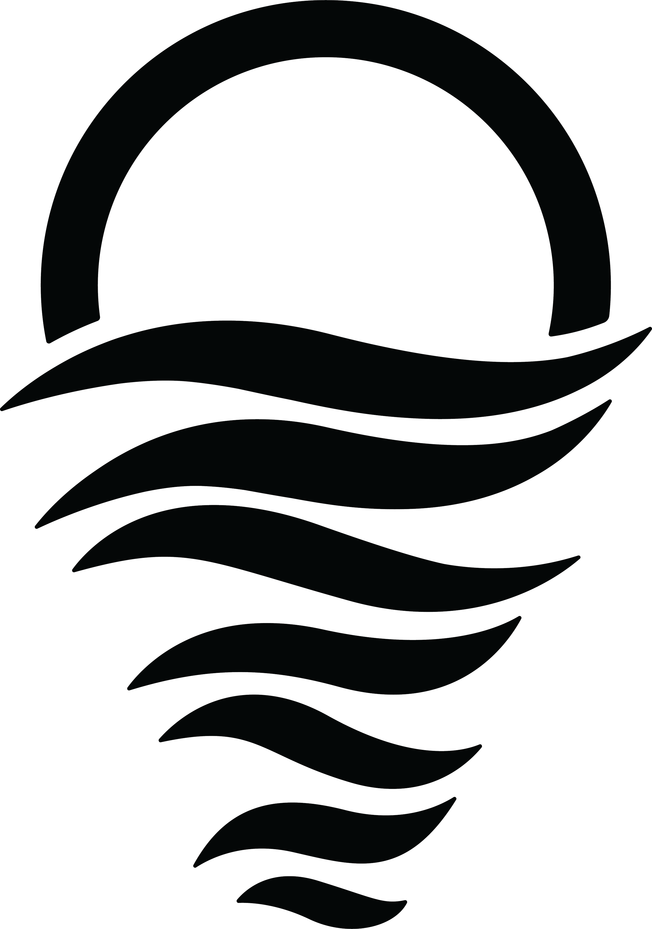 Black background with stylized white silhouettes of large waves or curves.