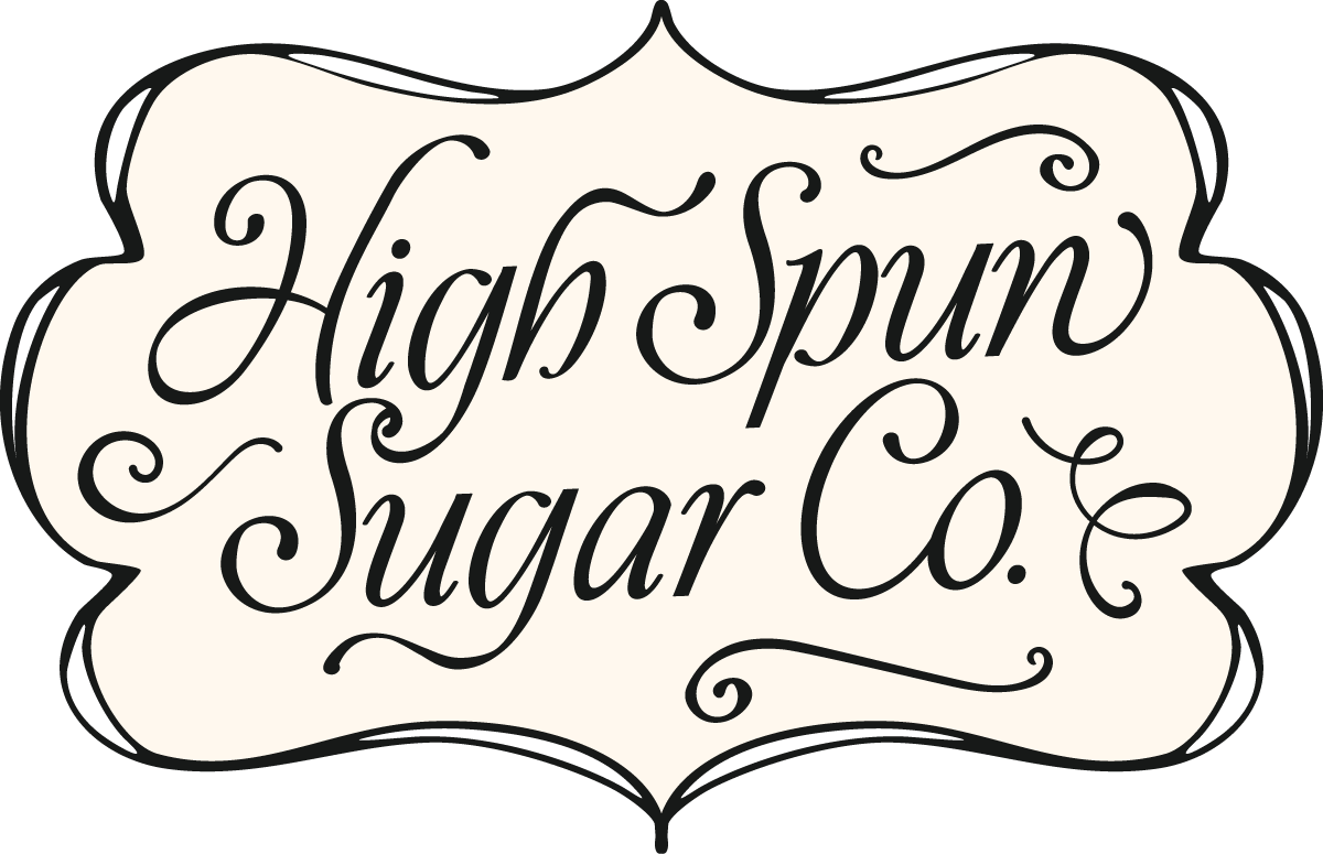 High Spun Sugar Co. Logo on a cream background, outlined by elegant and swirly black designs.
