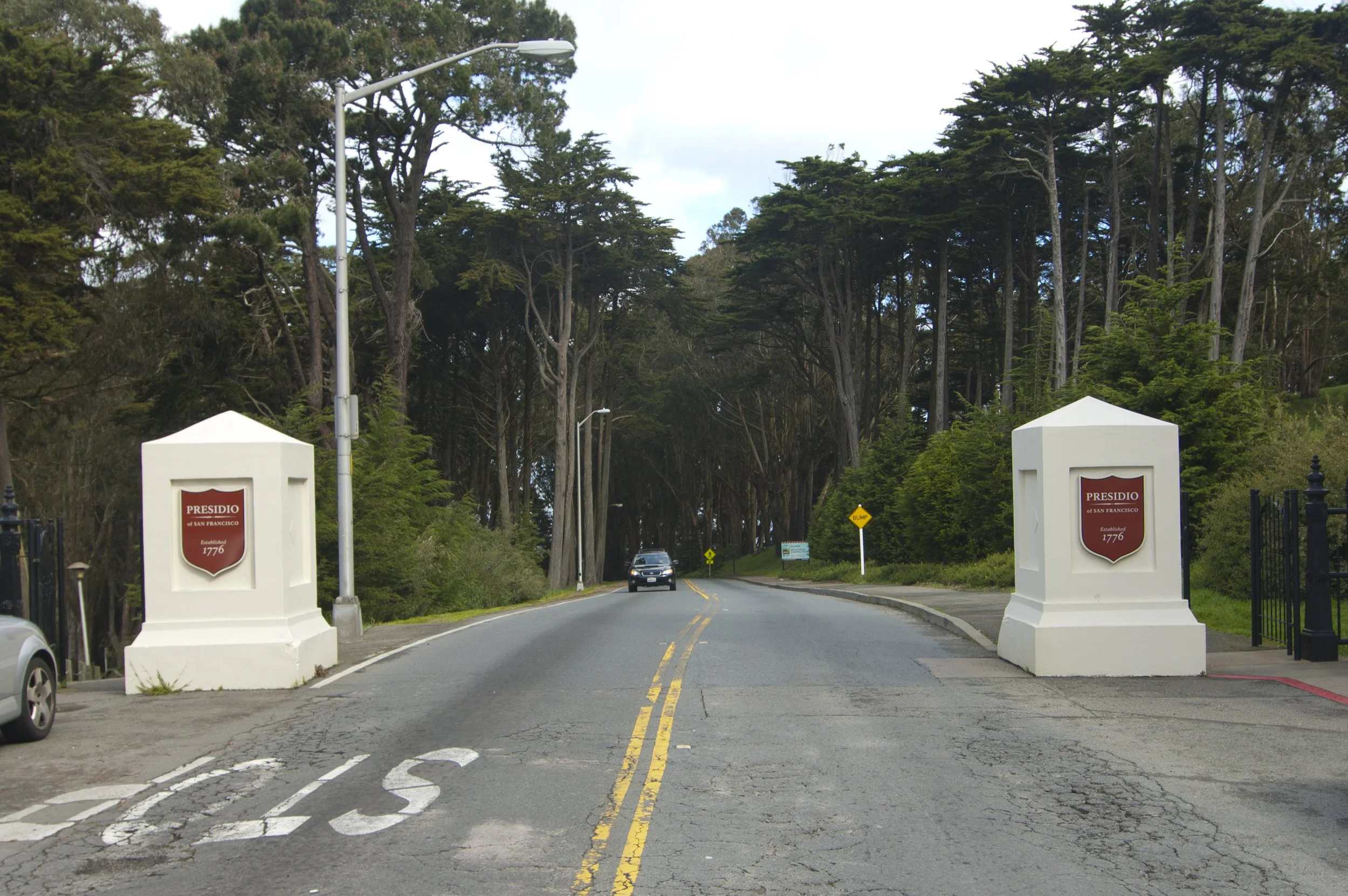 Entrance to Presidio of San Francisco with stone pillars on either side, tall trees and a road leading into a wooded area.