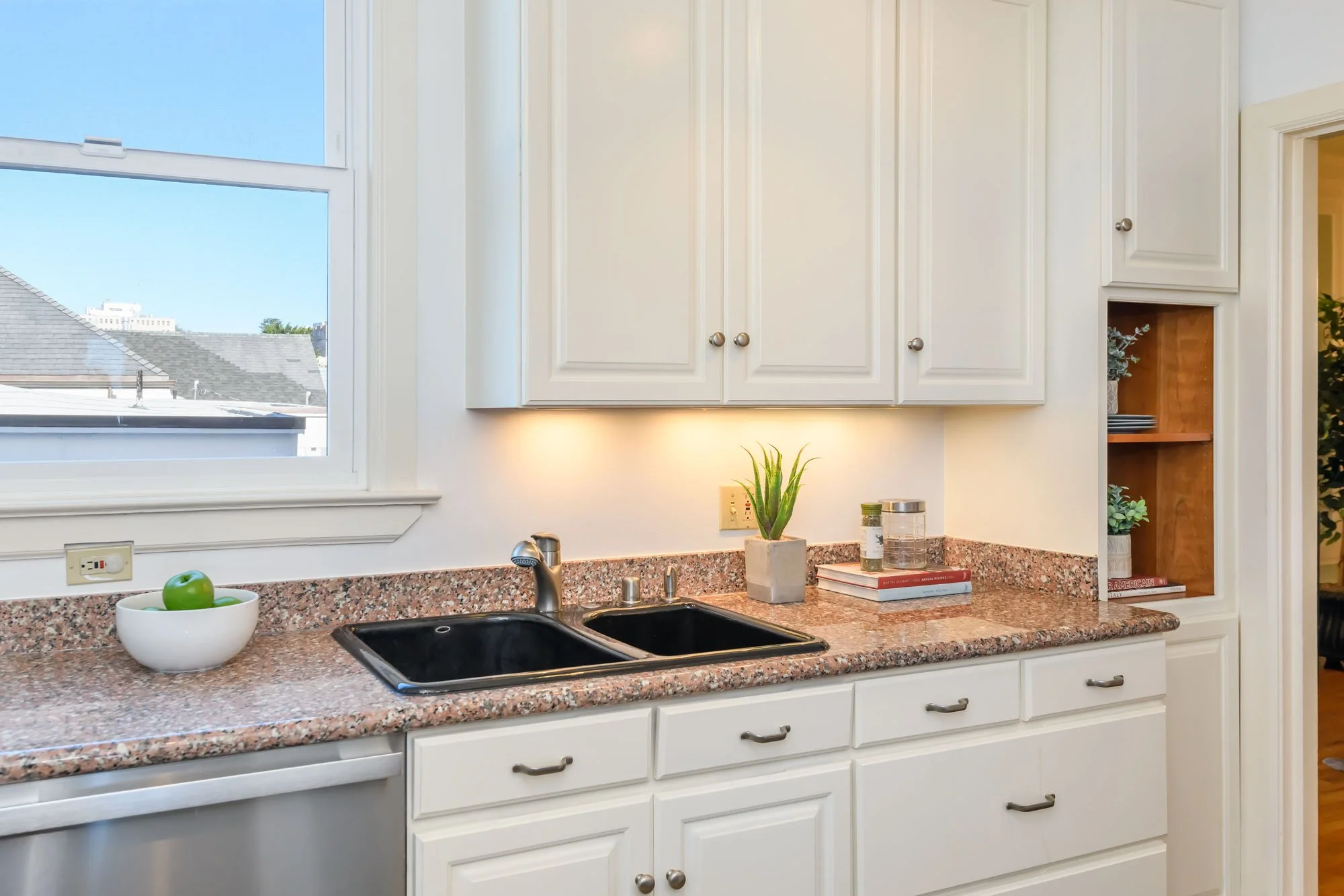 Kitchen countertop with a white bowl of green apples, a black double sink, a potted plant, some books, and jars, with white cabinets and a window showing rooftops and a blue sky.