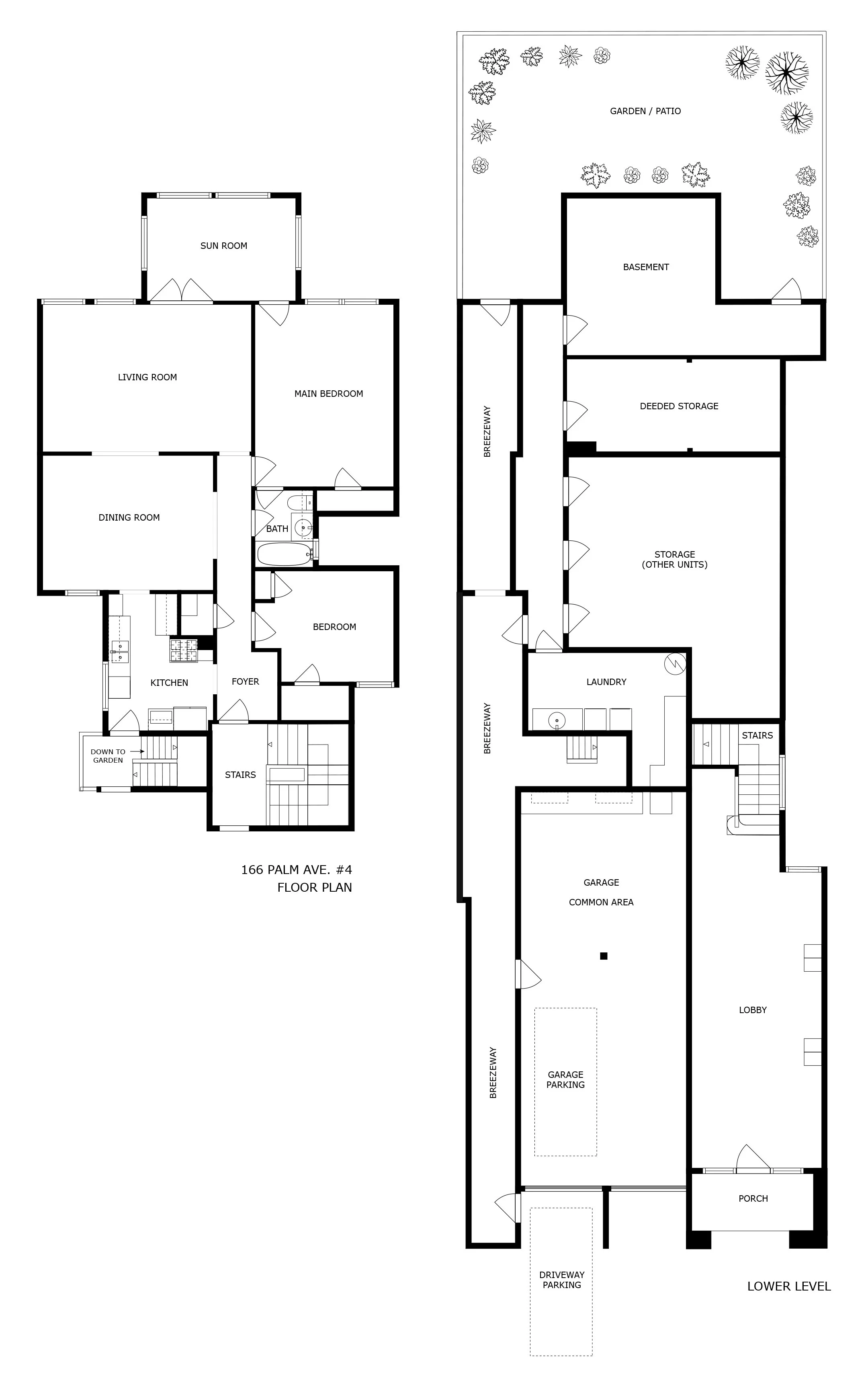 Floor plan of a multi-level house, showing rooms such as kitchen, bedrooms, bathrooms, living and dining areas, sun room, garage, storage, laundry, porch, lobby, and garden/patio area.