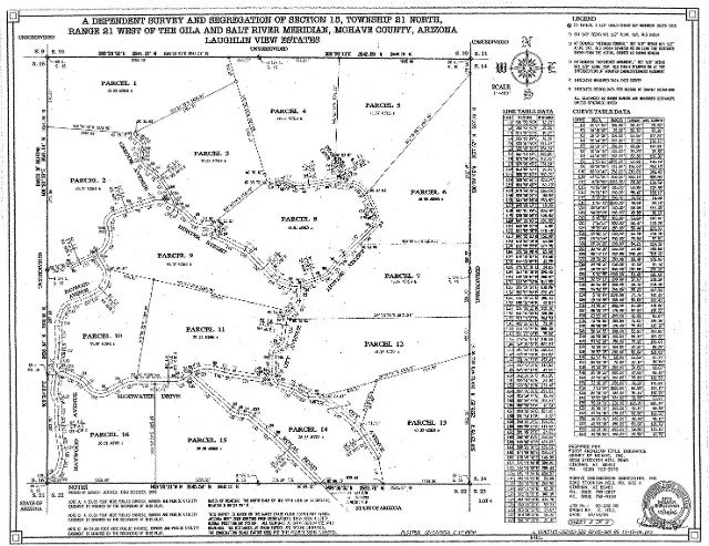 A detailed survey map of land parcels in Mohave County, Arizona, showing divisions, lot lines, and geographical features for sections 17, 18, and 19, with a north arrow and scale.