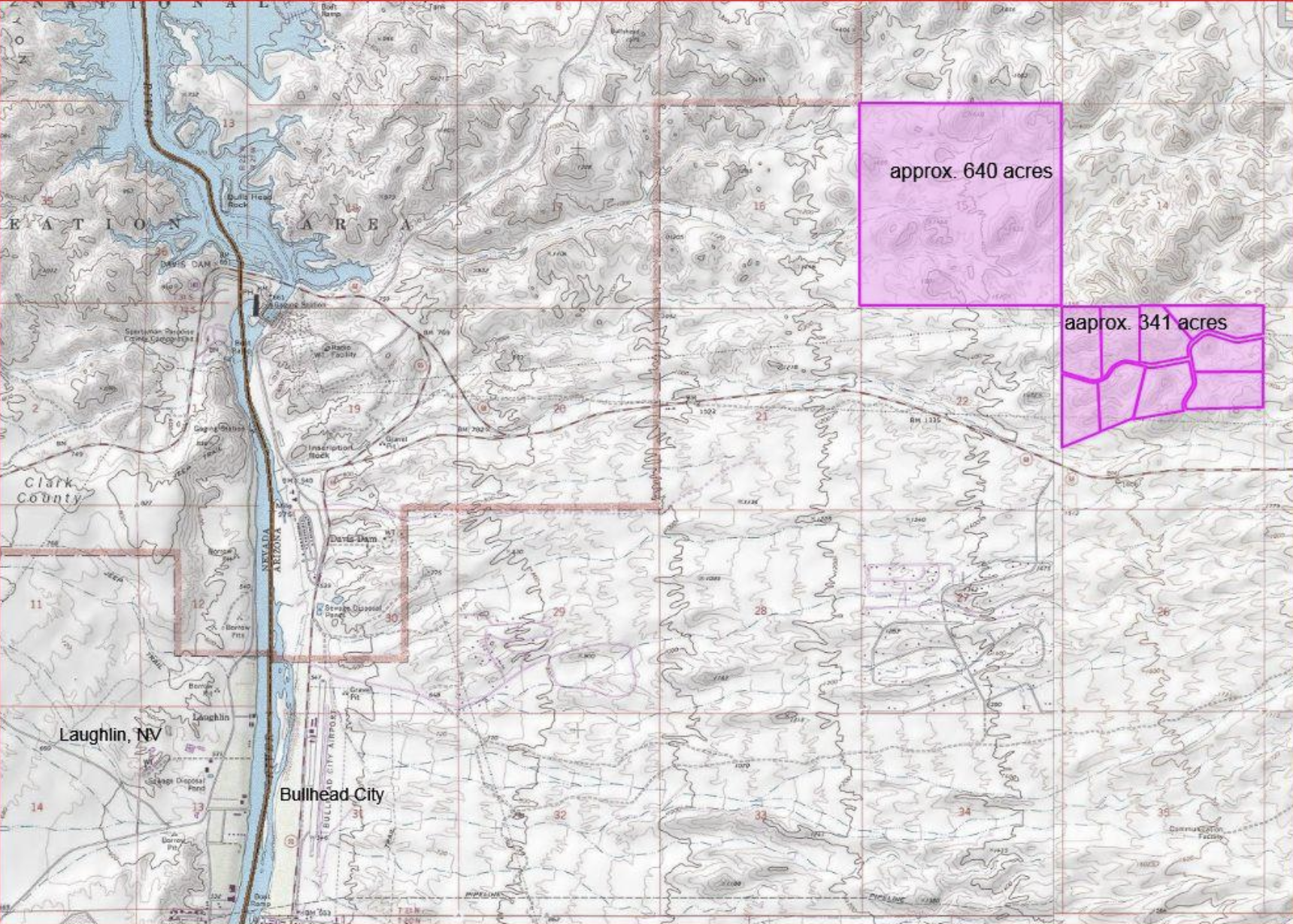 A topographic map showing the area around Laughlin, Nevada, including the Colorado River, with irregularly shaped pink shaded areas indicating land parcels measuring approximately 640 acres and 341 acres.