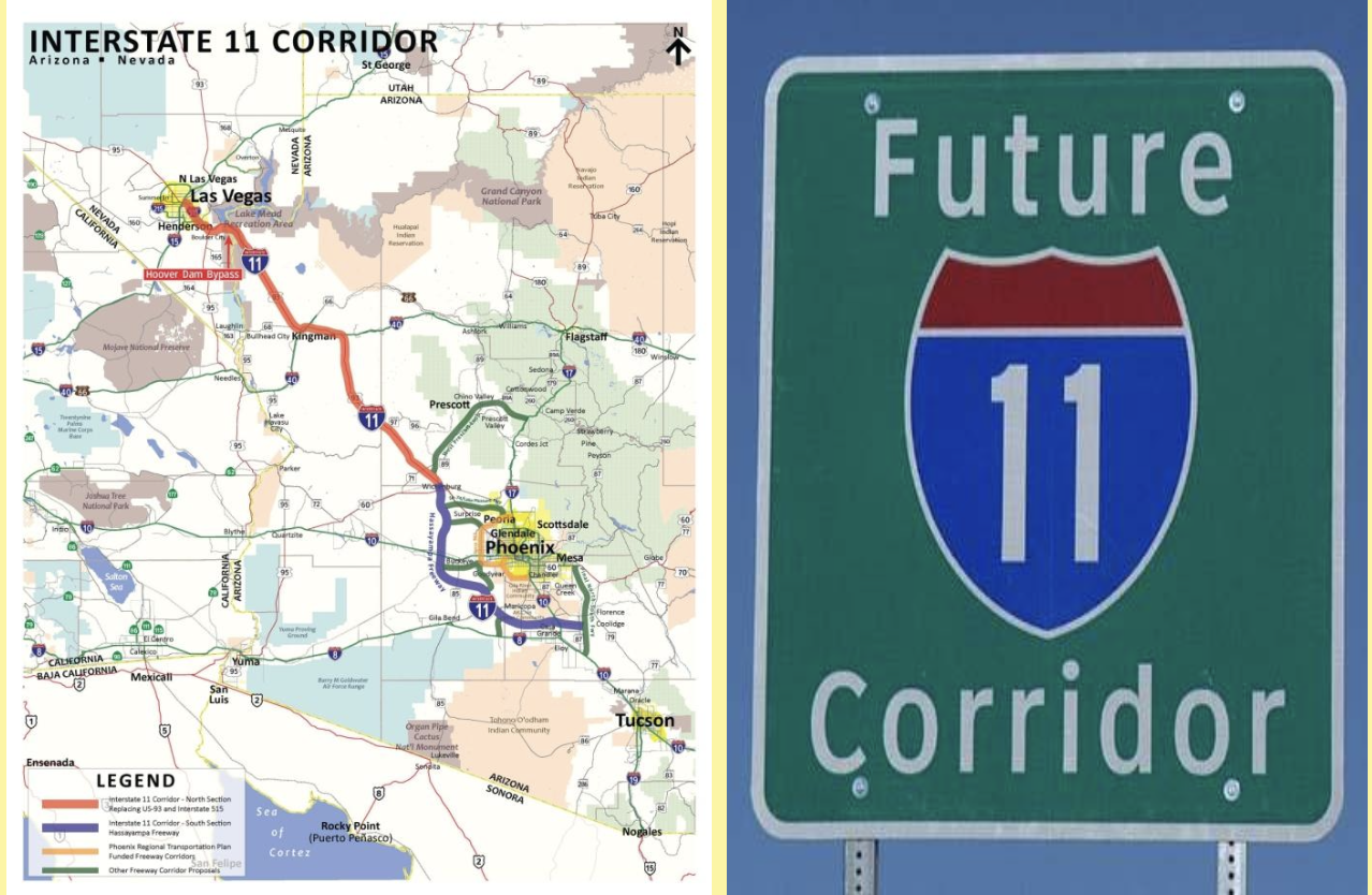 Map of the Interstate 11 corridor showing cities like Las Vegas, Phoenix, and Tucson, with different highway sections marked in various colors, and a green road sign indicating 'Future 11 corridor' with an Interstate shield logo.