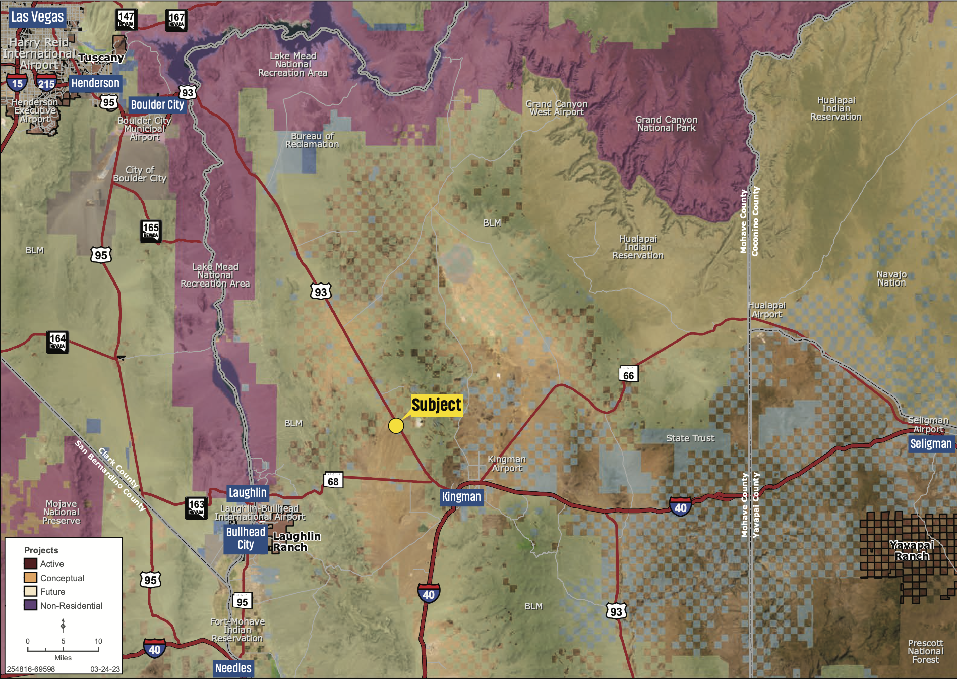 Map showing development projects in Nevada near Las Vegas, including active, conceptual, future, and non-residential projects, with cities, highways, airports, and Indian reservations marked.