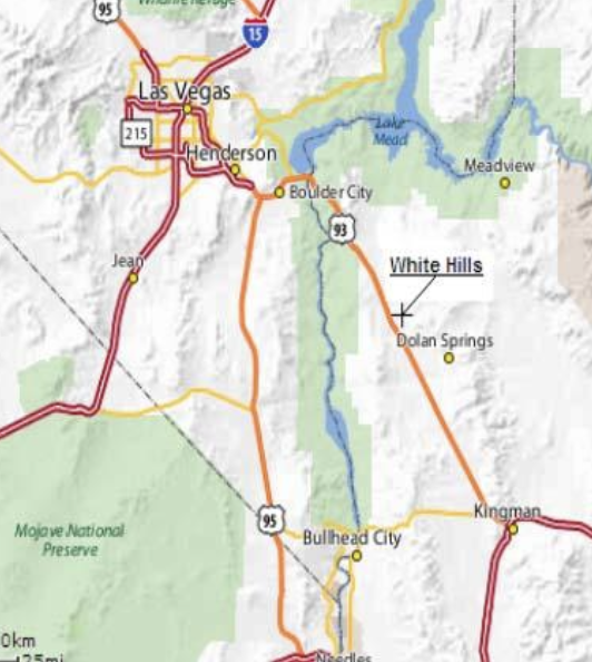 Map showing roads and cities around Las Vegas, Nevada, including Henderson, Boulder City, Kingman, and nearby lakes and natural preserves.