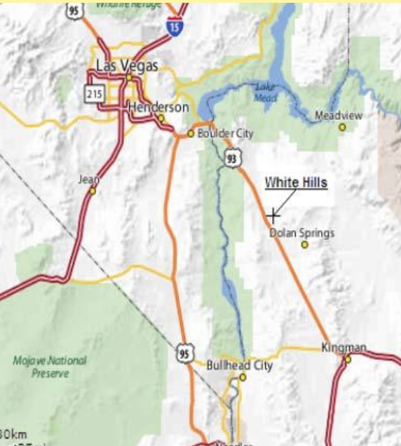 Map showing roads and towns in Nevada and nearby areas, including Las Vegas, Henderson, Boulder City, Kingman, and surrounding natural features like Lake Mead and Mojave National Preserve.