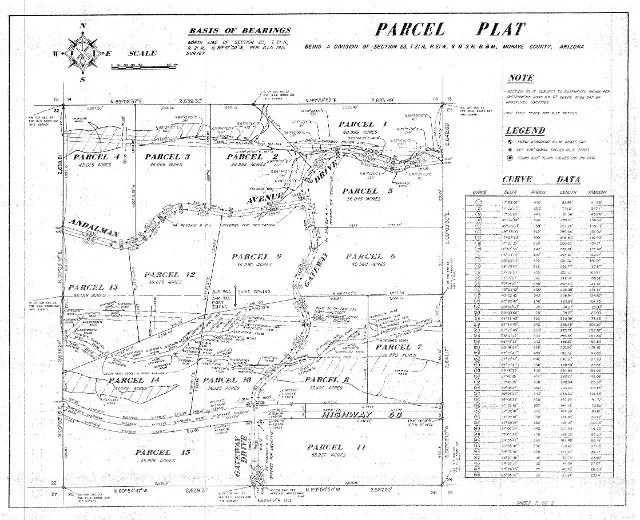 A black and white parcel plat map showing the division of land into several numbered parcels with roads, drivable areas, and topographical features, including a compass rose and a legend.
