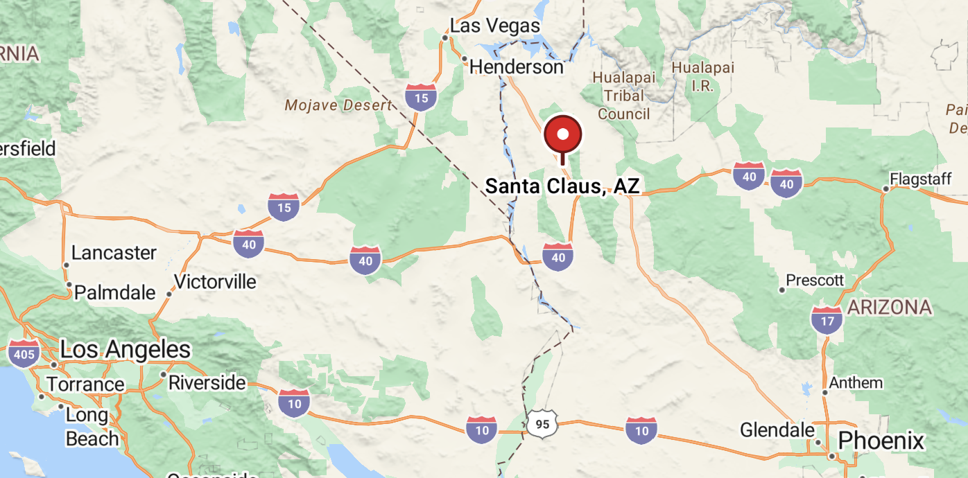 Map showing locations in Arizona and Nevada, with a red and white marker indicating Santa Claus, AZ.