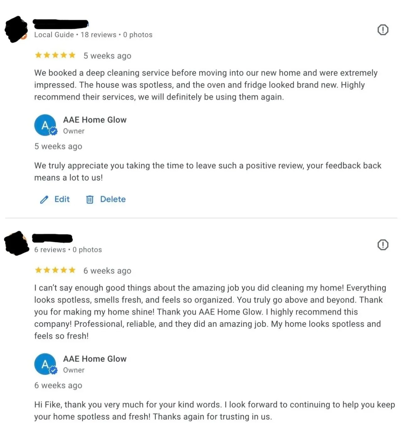 Screenshot of three five-star reviews for AAE Home Glow, a cleaning service, praising their work in cleaning homes and leaving positive feedback for their professionalism and reliability.