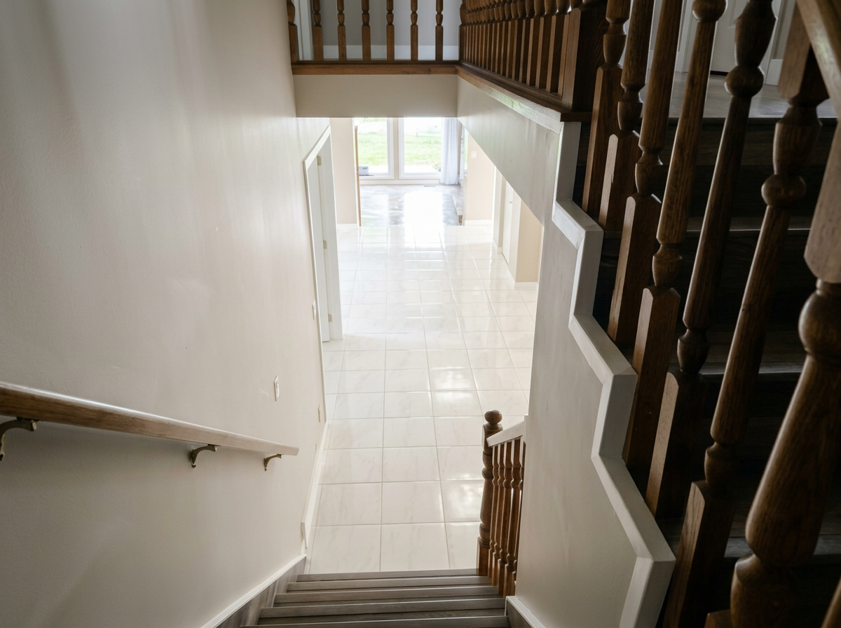 Hardwood staircase polished and cleaned as part of a whole-home service by AAE Home Glow.