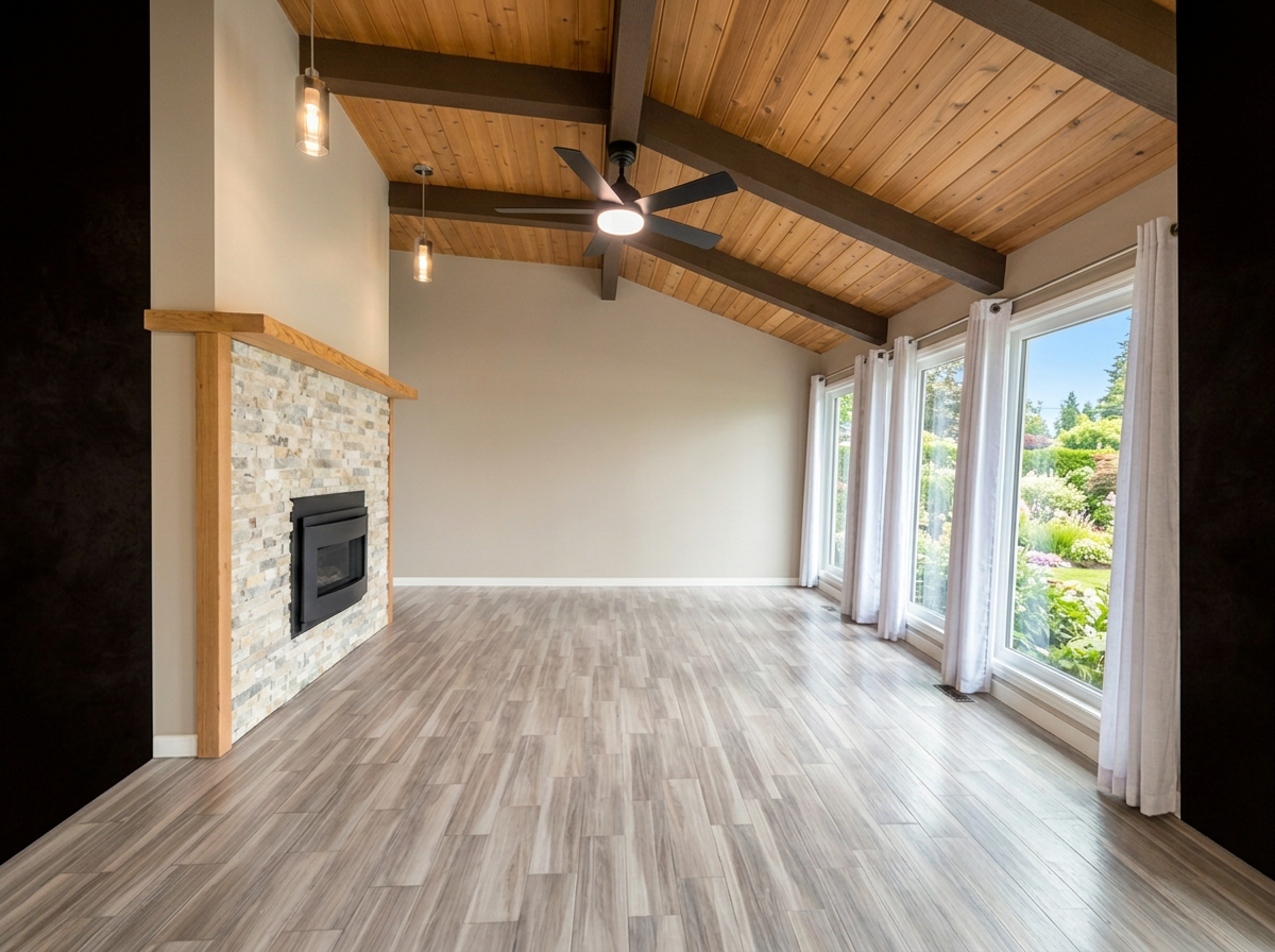 Freshly cleaned living room in a Calgary home, with hardwood floors, a bookshelf, and dining area cleaned by AAE Home Glow's residential cleaning team.