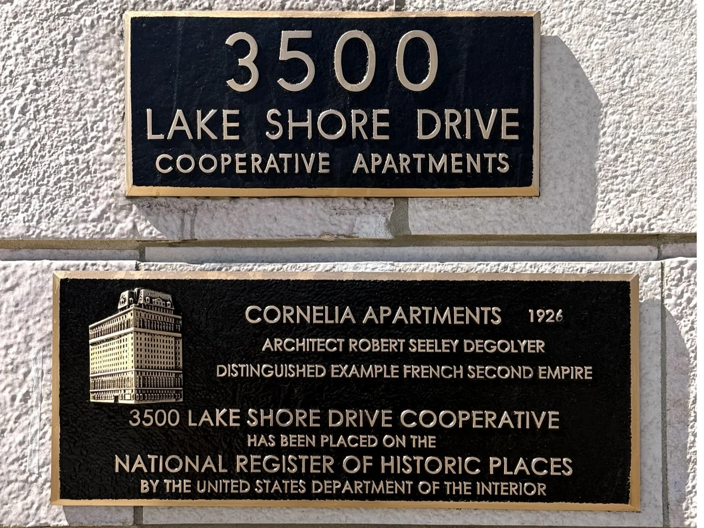 A plaque outside the building shows that 3500 N. Lake Shore Drive has been placed on the National Register of Historic Places