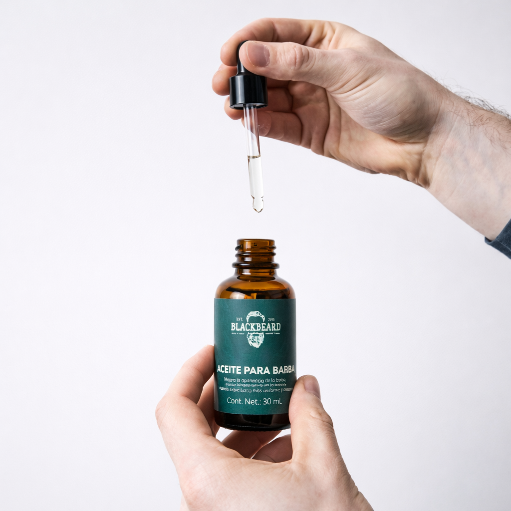 Mano sosteniendo una botella de aceite para barba y un cuentagotas. La botella es de color ámbar y el etiqueta dice 'Aceite para barba'.