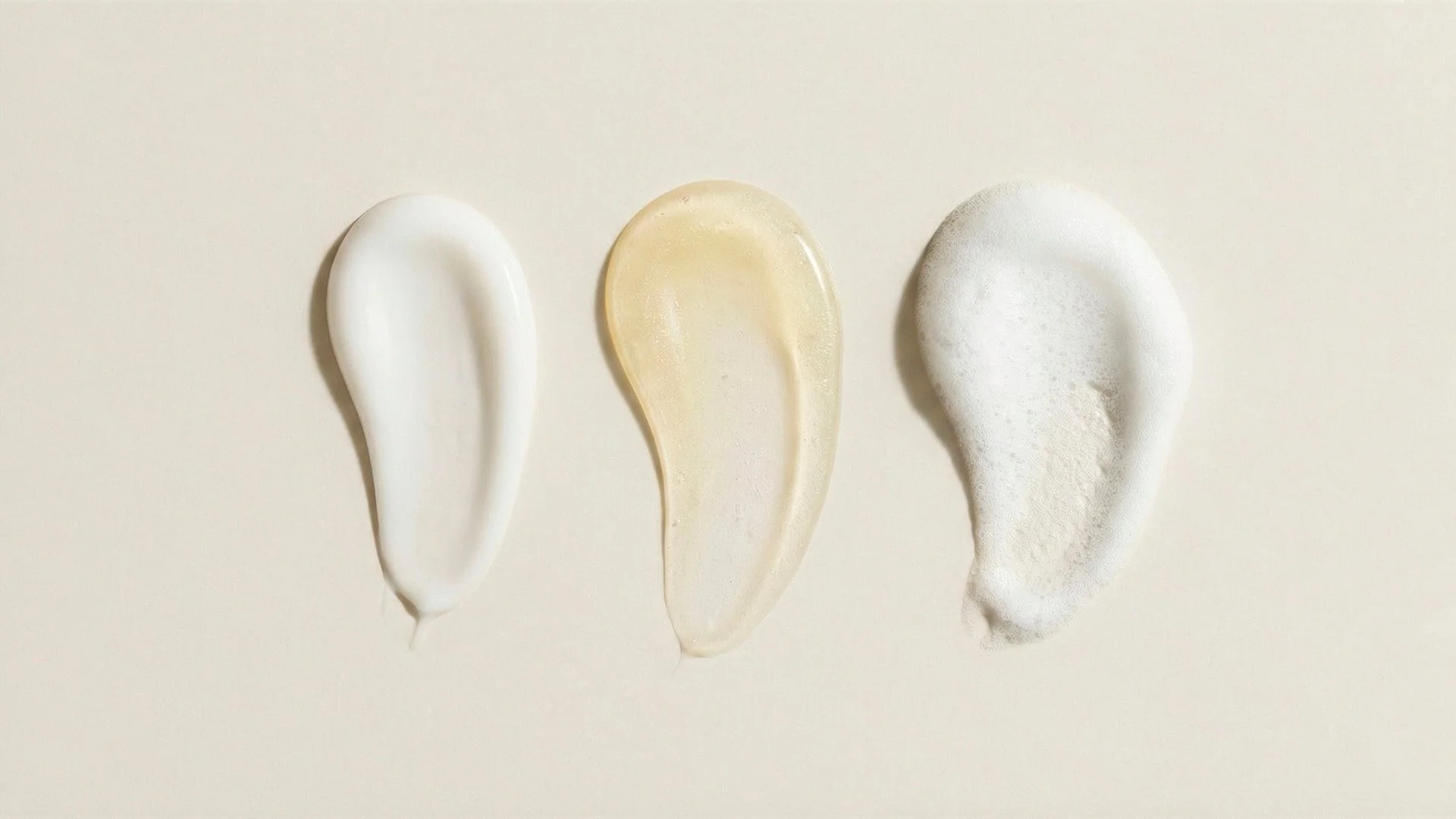 Tres tipos de crema o espuma en diferentes colores y texturas sobre un fondo blanco.