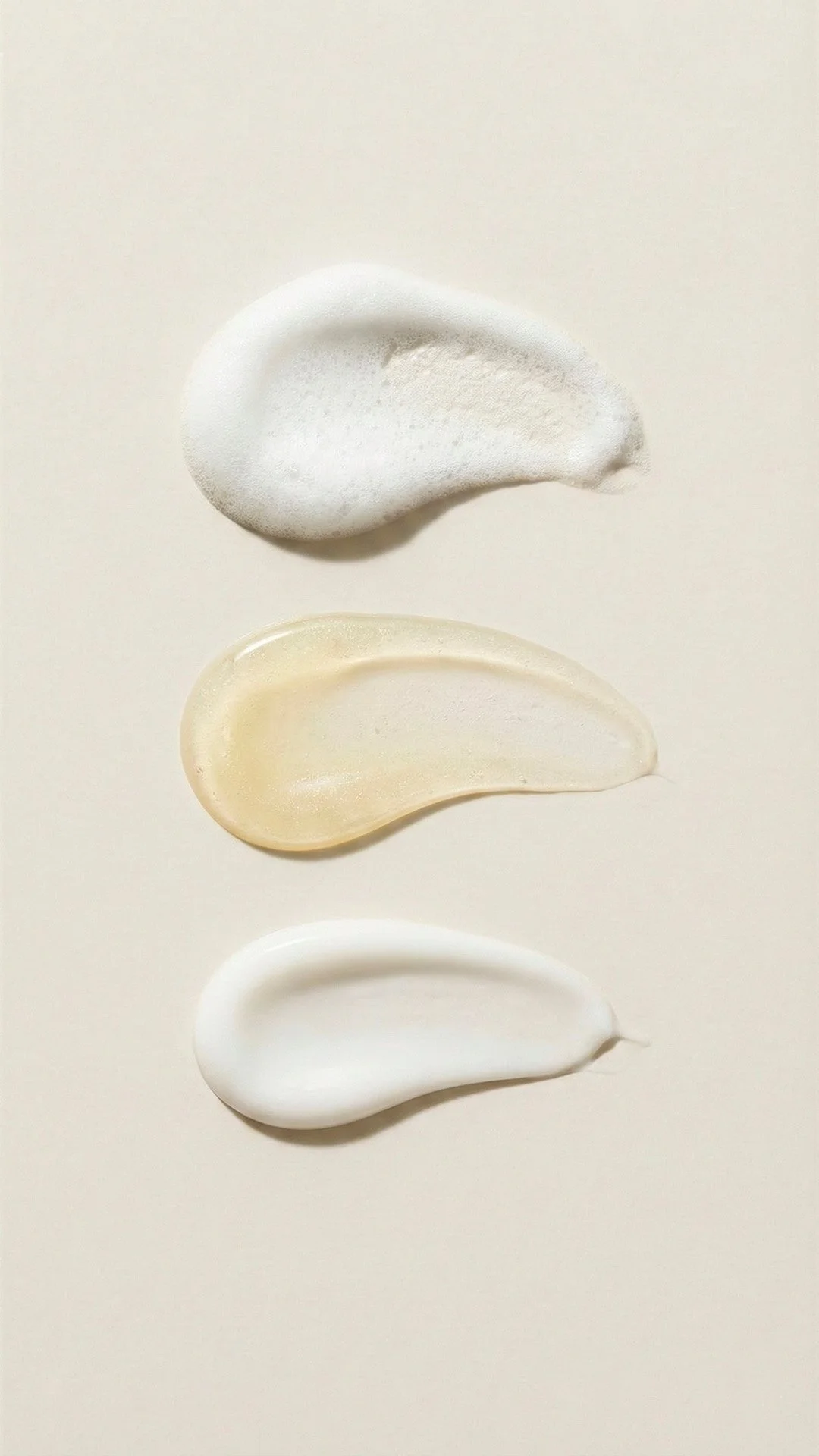 Tres tipos de crema o loción en forma de gotas sobre una superficie blanca, de arriba hacia abajo: una crema espumosa blanca, una crema de tono beige y una crema blanca cremosa.