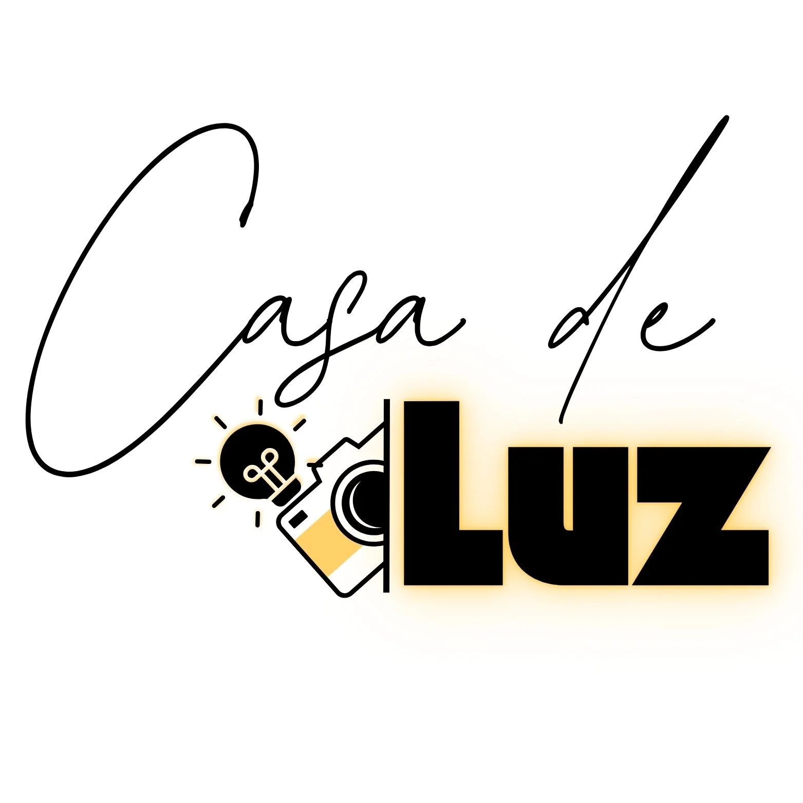 Logo with the words "Casa de Luz" in cursive and bold fonts, accompanied by an illustration of a camera, a light bulb, and a mountain outline.