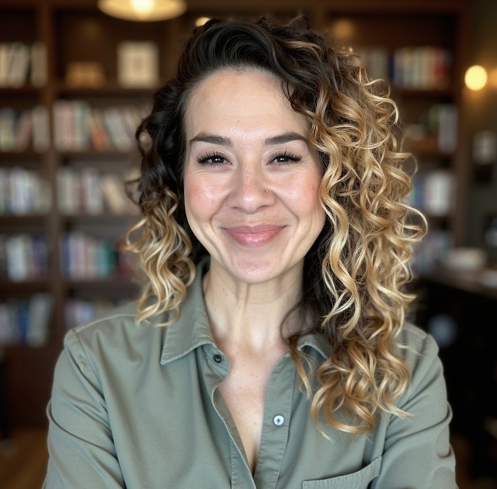 A woman with curly, blonde and dark brown hair smiling at the camera in a room with bookshelves in the background.