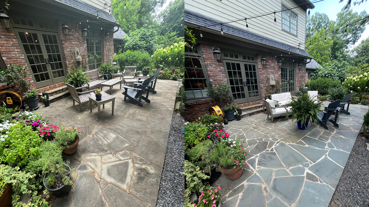 Side-by-side comparison of the same backyard patio before and after pressure washing. 
