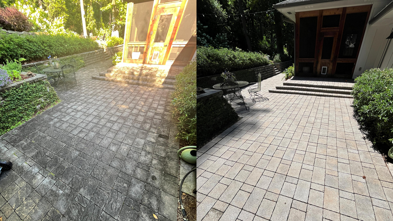 Comparison of two images of a backyard with brick paver patio, showing before and after. The left side depicts a discolored, mossy brick patio and overgrown plants. The right side shows a cleaned patio with lighter, clearer bricks after cleaning.