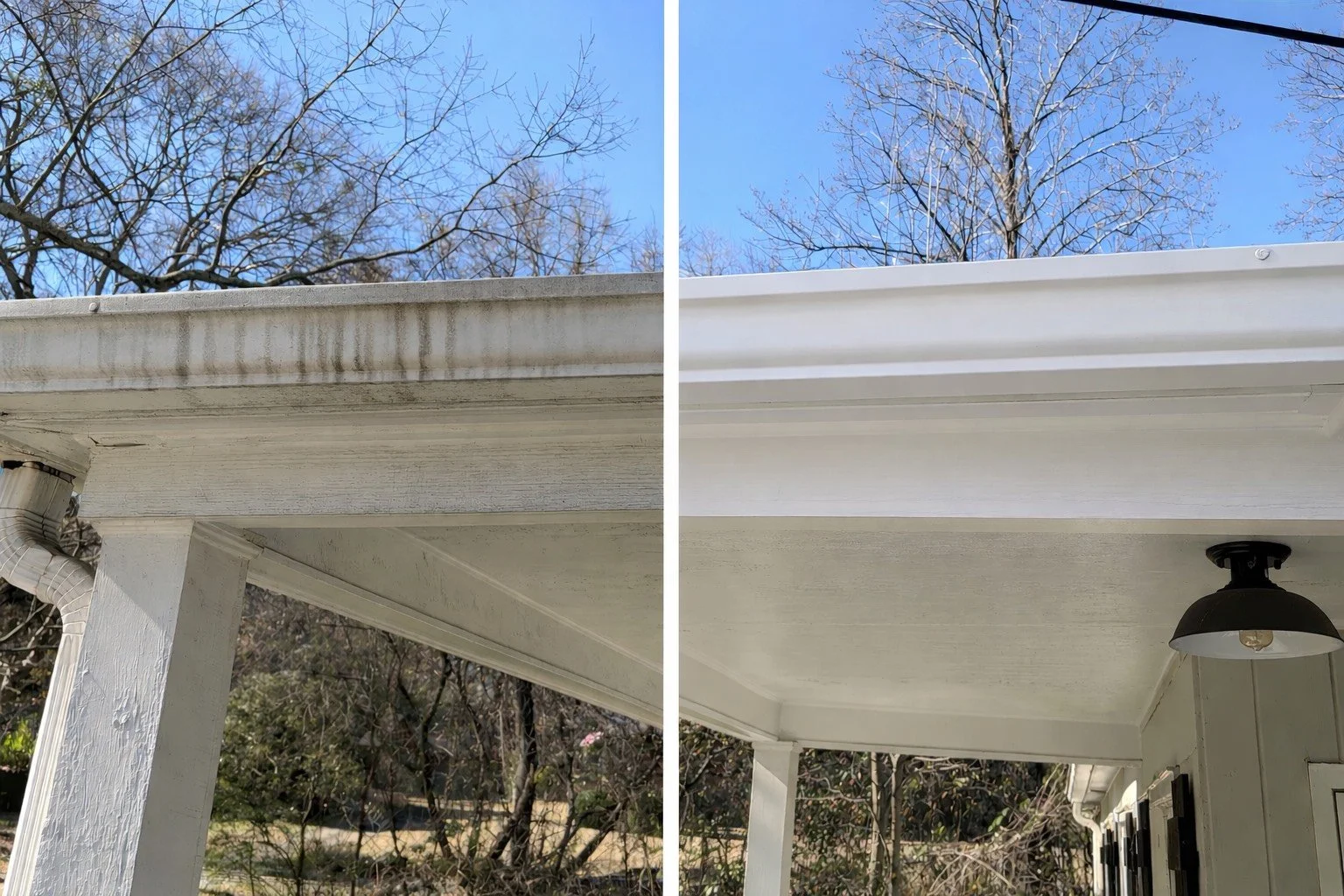 Comparison of a house gutter before and after cleaning. The left side shows a dirty, stained gutter, while the right side shows a clean, white gutter. The background includes a bright blue sky and leafless tree branches.