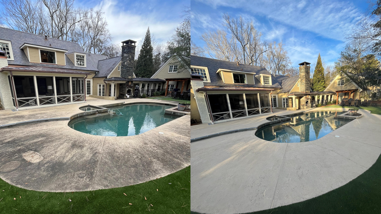 Side-by-side before and after photos of a backyard with a swimming pool, patio, and house. The left shows an older, stained concrete pool deck, and the right shows a clean, freshly pressure washed surface.