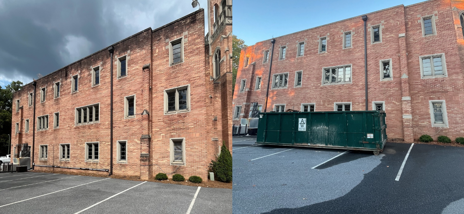 Side-by-side comparison of a brick school building and parking lot before and after cleaning: the left shows a dirty building with grime caked on, the right shows a clean, bright building and parking lot with all of the organic buildup cleaned up.