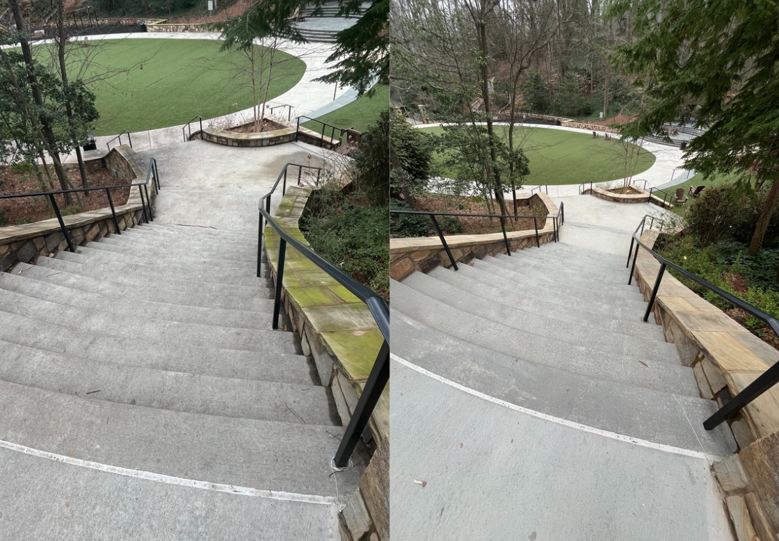 Side-by-side comparison of a community park staircase and sidewalk before and after cleaning: the left shows a dirty staircase with organic buildup, the right shows a clean, bright staircase and sidewalk with all of the organic buildup cleaned up.