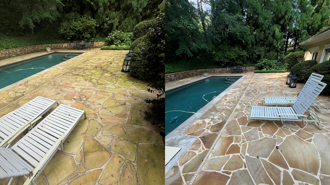 Side-by-side comparison of a backyard pool area before and after cleaning, showing a stone patio with lounge chairs, bushes, and trees.