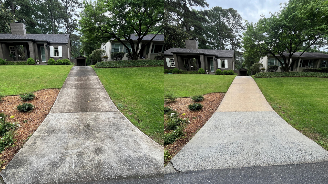 Side-by-side comparison of a driveway before and after cleaning: the left shows a dirty driveway with grime and dirt, the right shows a clean, bright driveway.