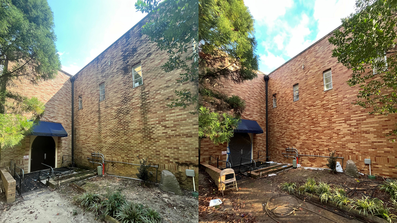Before and after photos of Heritage school in Atlanta: left showing before chemical soft washing the brick siding and the right showing the clean after shot.