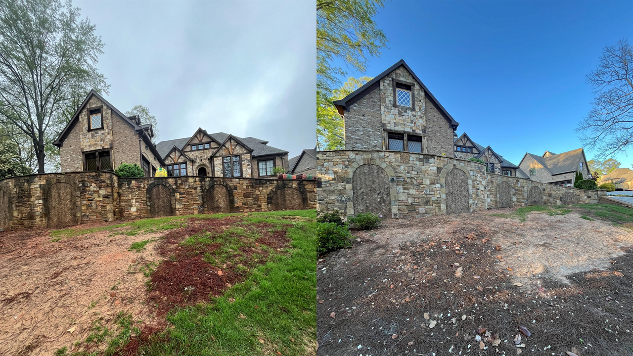 Side-by-side comparison of the same house, with the left showing the house before soft washing and the right showing after soft washing completion.
