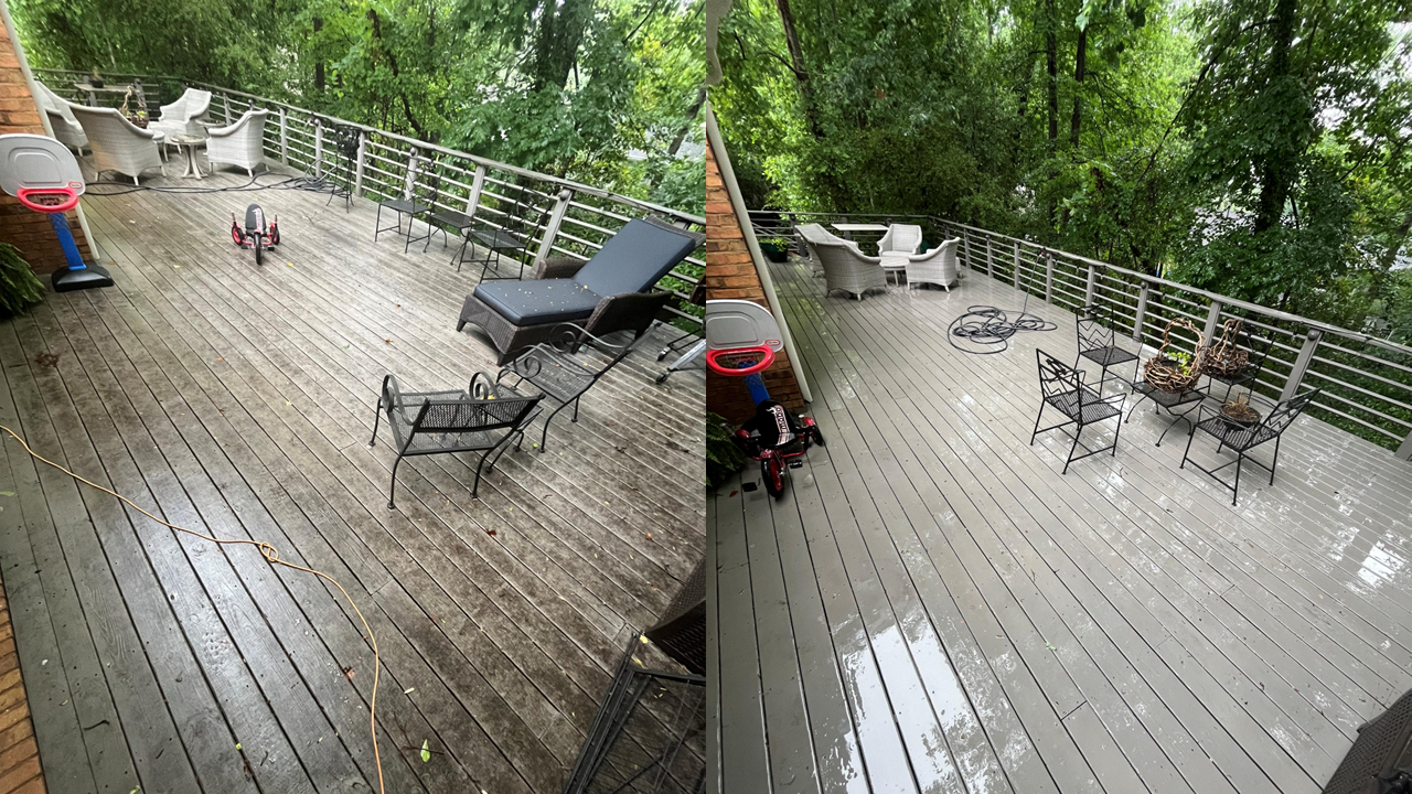 A split-screen image showing a wooden deck before and after cleaning. The left side is dirty and weathered, while the right side is clean and wet after cleaning, with outdoor furniture and trees in the background.