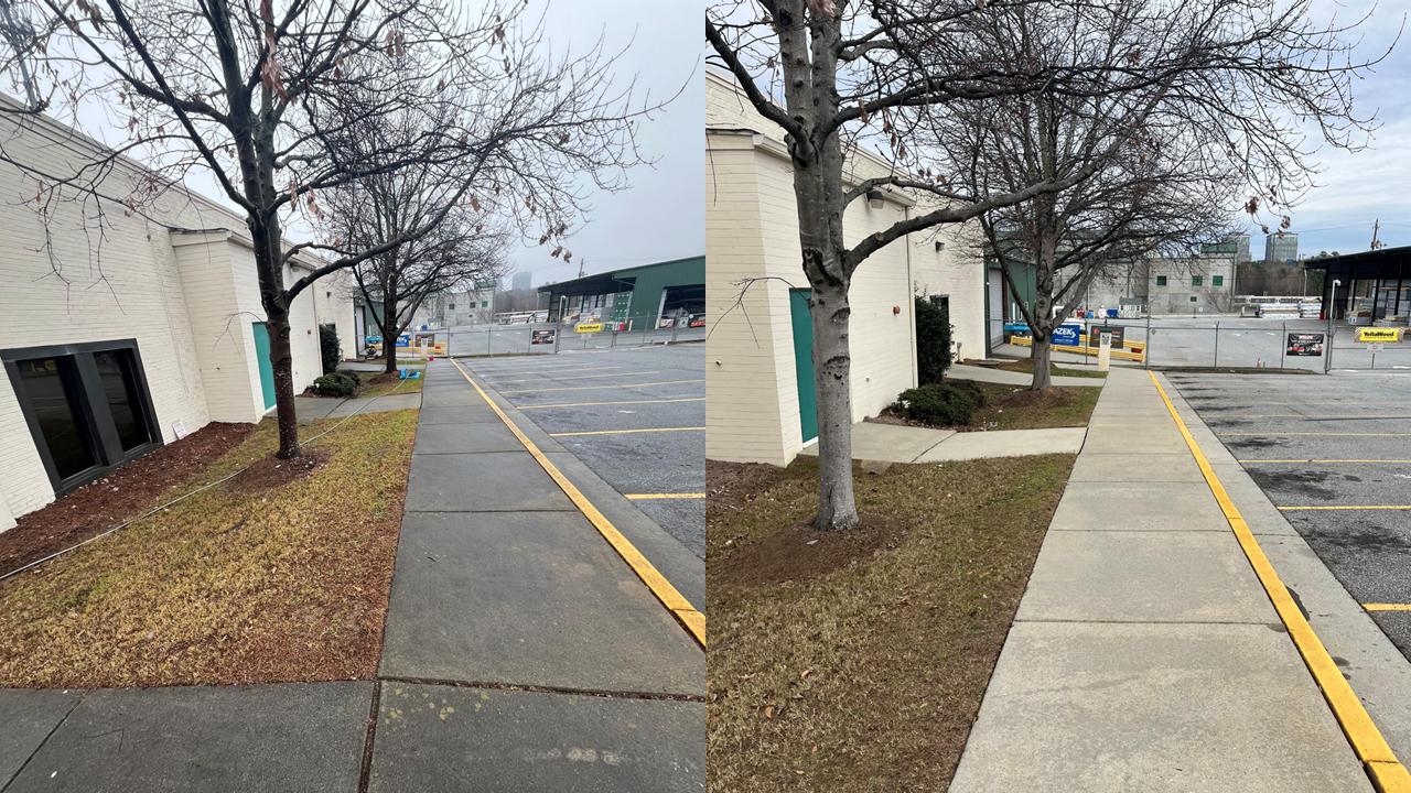 Sidewalk, building siding and parking lot before and after pressure washing.