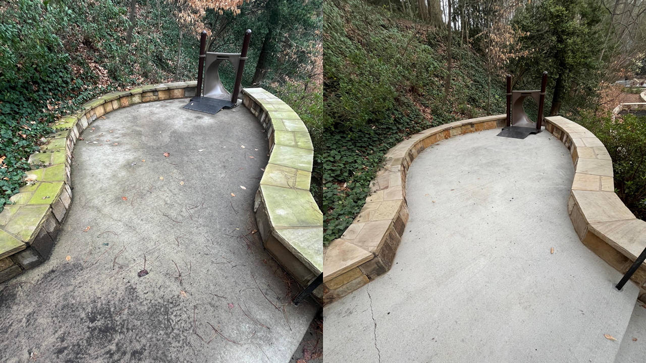 Comparison of a concrete sidewalk, one with darker and dirtier concrete surface and the other with lighter, cleaner concrete surface.