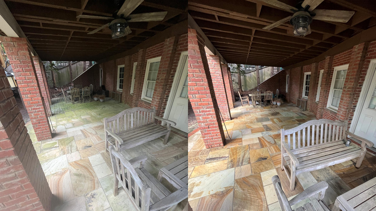 Before and after photos of covered patio with multicolored stone flooring and brick walls.